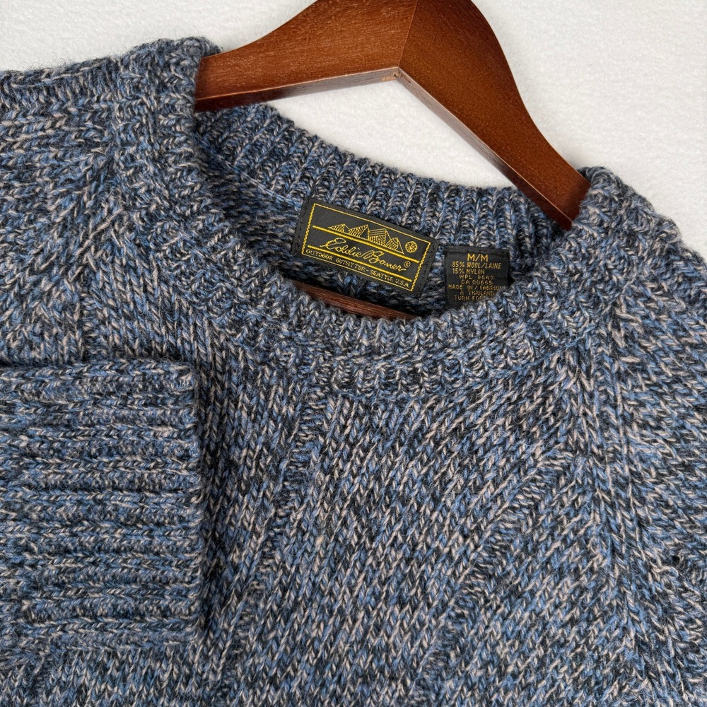 Vintage Eddie Bauer Mens M Blue Wool Blend Cable Knit Crewneck Sweater